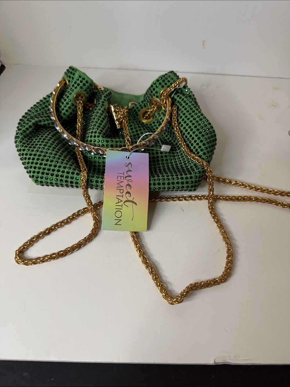 Green Crystal Mini Drawstring Bag with Gold Chain